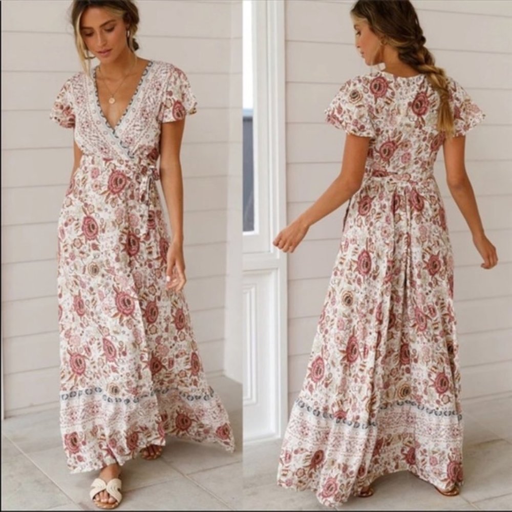 Bohemian Floral Tribal Print Maxi Wrap Dress pink - Picture 4 of 4